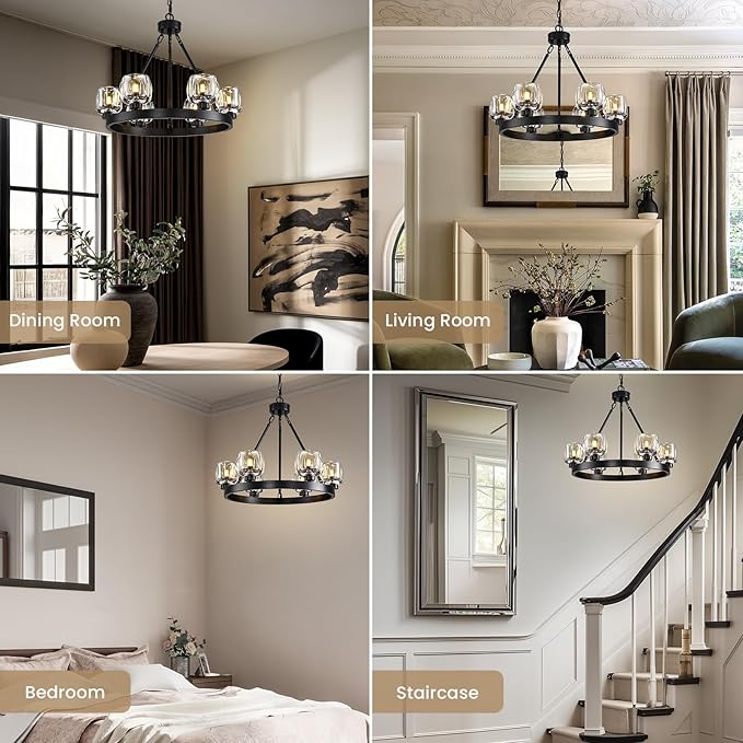 Black Wagon Wheel Chandelier, 24 Inch Black Chandeliers with Unique Glass Shade, 6-Light Crystal Farmhouse Wagon Wheel Chandeliers for Dining Room, Round Chandelier for Living Room, Foyer, Entryway