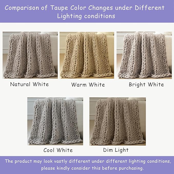 Bigacogo Chunky Knit Throw Blanket for Couch, 40x60 inches, 100% Hand Knitted with Thick Jumbo Chenille Yarn, Cozy Soft Large Rope Knot Cable Crochet Blankets for Sofa Bed Living Room, Taupe