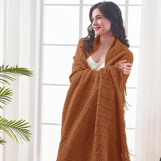 inhand Knitted Throw Blanket for Couch and Bed, Soft Living Room Home Decor Knitted Blanket with Tassel, Outdoor Lightweight Breathable Summer Blanket, Farmhouse Warm Woven Decorative, 50"x60"