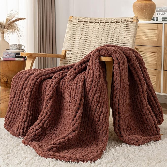 Chunky Knit Blanket Throw, 100% Hand Knit Throw Blanket Handmade Chenille Cable Knit Throw for Couch, Stylish Cozy Soft Rope Knot Crochet Blanket for Home Decor, Copper Brown, 40x50 Inches
