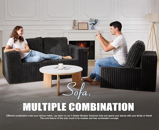Modular Sectional Sofa 3-Seater Modular Couch with Deep Seat Memory Foam Cloud Chair with Pillows Oversized Sectional Sofa for Living Room Bedroom (Strip Grey, 3-Seater)