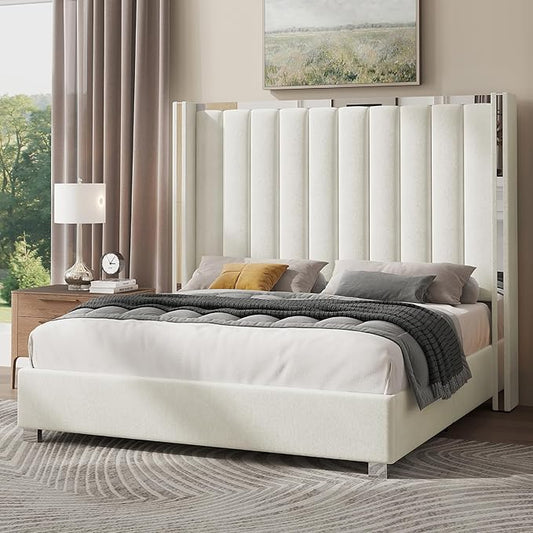 Jocisland King Size Bed Frame with 58" Tall Headboard, Platform Velvet Upholstered Bed with Channel Tufted Wingback Headboard and Plating Trim, No Box Spring Needed, Cream