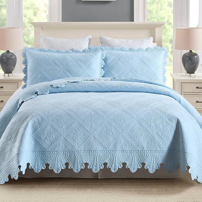 MarCielo 3-Piece 100% Cotton Oversized Bedspread Lightweight Quilt Coverlet Embroidery Farmhouse Bedding Set (TK Light Blue, Oversized King (118"x106"))