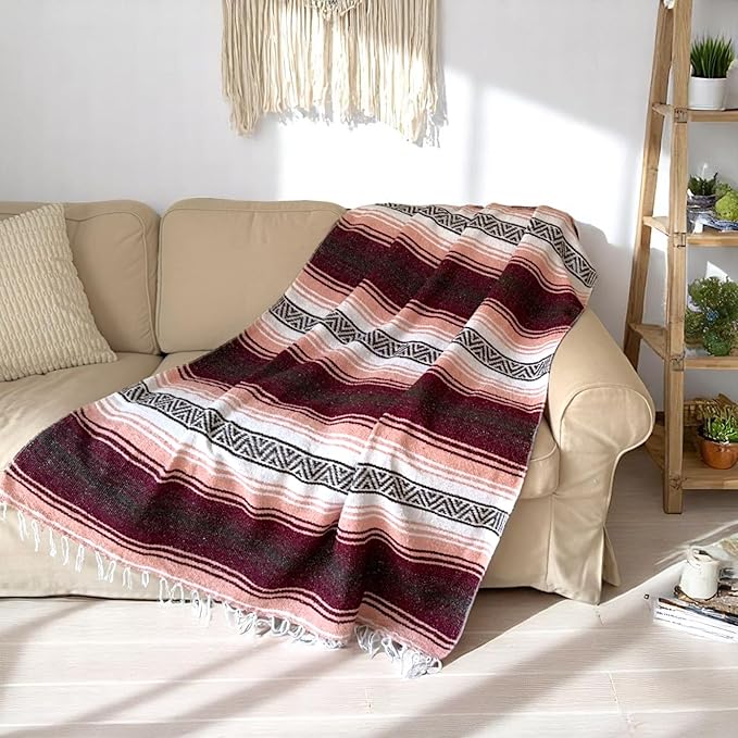 Traditional Handwoven Mexican Blanket, Large Falsa Serape - Soft & Durable Yoga Blanket - Vibrant Beach, Picnic & Camping Blanket - Lightweight Boho Throw 70"x50"