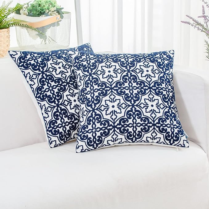 HWY 50 Navy Blue Decorative Throw Pillow Covers 18x18 Inch, Pack of 2 Embroidered Cotton Farmhouse Cushion Cover Pillow Case for Sofa Couch Living Room Bed Bedroon, Modern Pattern