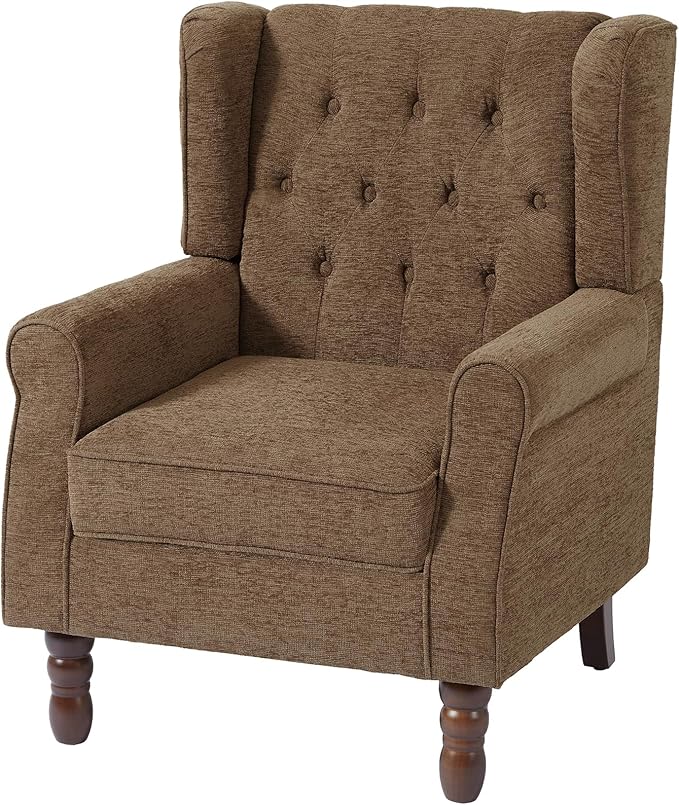 UIXE High Back Accent Chair, Upholstered Armchair in Fabric, Retro Wingback Arm Chair for Living Room, Comfy Single Sofa Bedroom Reading Seat with Solid Wood Legs - Brown