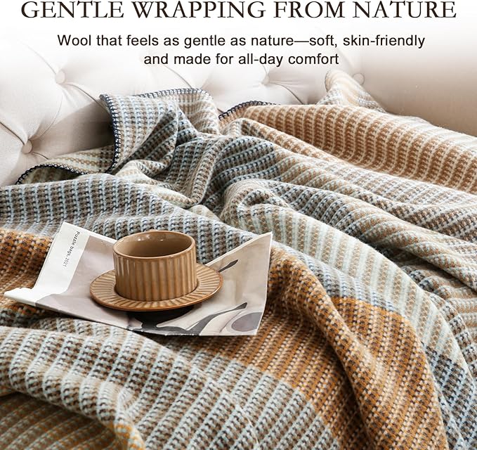 YOUR MOON Pure Merino Wool Blanket, King Size, 100% Australian Natural Wool, Washable, Hypoallergenic - Non-Itchy (Brownish Blue, 90 * 108)