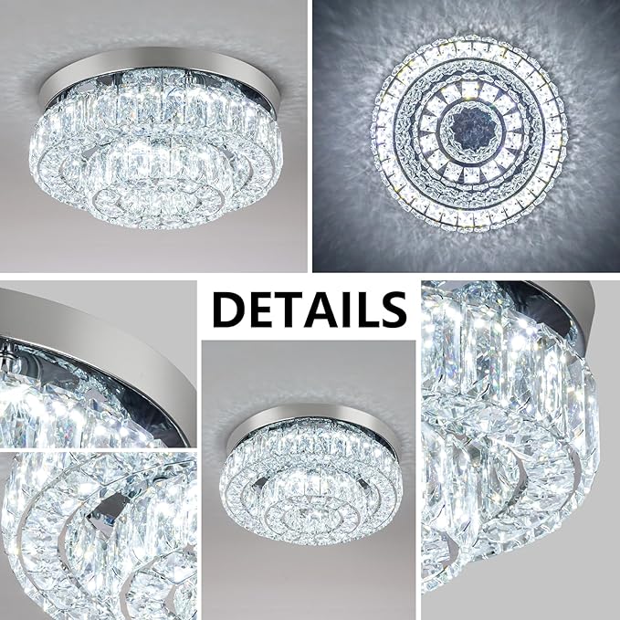 11.8" LED Chandelier 2-Layer Crystal Ceiling Light Fixture with Remote Control Flush Mount Chandelier Light for Hallway Bedroom Living Room Kitchen Foyer(dimmable)
