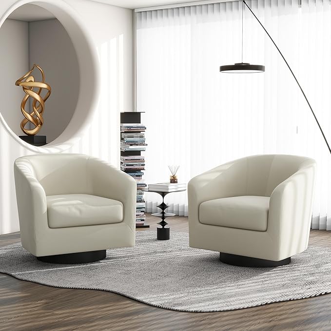 Swivel Barrel Accent Chair, Modern Round Linen Arm Chair for Living Room, Bedroom, Comfy Club Reading Chairs for Adults（Linen Fabric, Beige, Set of 1