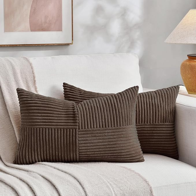 Fancy Homi 2 Packs Dark Brown Lumbar Decorative Throw Pillow Covers 20x28 Inch for Living Room Couch Bed, Rustic Farmhouse Boho Home Decor, Soft Striped Corduroy Rectangle Accent Cushion Case 50x70 cm