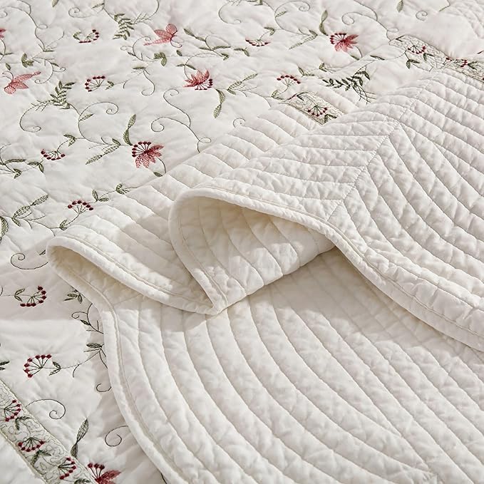 MarCielo 3-Piece 100% Cotton Oversized Bedspread Lightweight Quilt Coverlet Embroidery Farmhouse Bedding Set(TC Soft White,Oversized King (118"x106"))