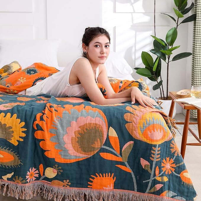 Snycler Boho Throw Blanket for Bed, 100% Organic Cotton Muslin Soft Throw-Orange Boho Floral Farmhouse Rustic Spring Summer Fall Decor Blanket for Couch Sofa Quilt and Gift, 60" x 80"