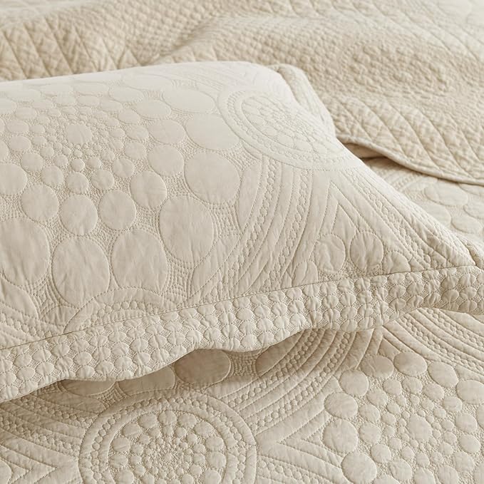 MarCielo 3-Piece 100% Cotton Oversized Bedspread Lightweight Quilt Coverlet Embroidery Farmhouse Bedding (Tf Khaki Beige, Oversized King (118"x106"))