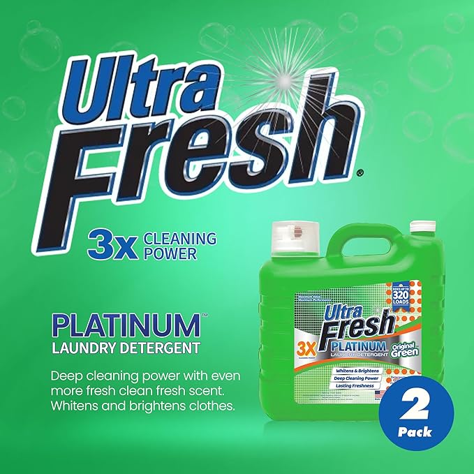 Ultra Fresh 2 Pack 3X Platinum Liquid Laundry Detergent up to 320 Loads, Original Green - Deep Cleaning Power and Fresh Scent for Washing Clothes