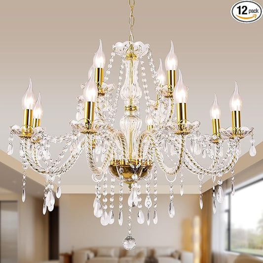 Modern Elegant 12 Lights K9 Crystal Glass Chandelier Golden Pendant Ceiling Lighting European Style for Dining Living Room Bedroom Transparent,12 E12 Bulbs Required