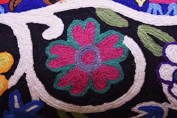 Lumbar Four Owls Decorative Pillow Cover Blue Whimsical Hand Embroidered Wool 14x20