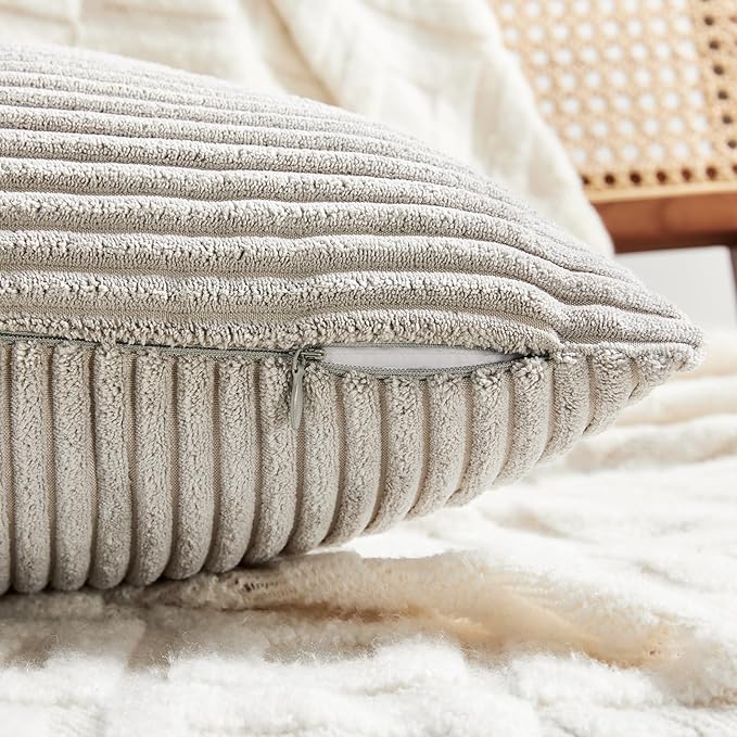 Fancy Homi 2 Packs Neutral Grey Lumbar Decorative Throw Pillow Covers 12x24 Inch for Living Room Couch Bed Sofa, Farmhouse Home Decor, Soft Striped Corduroy Rectangle Accent Cushion Case 30x60 cm