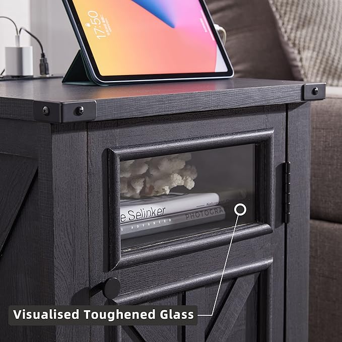 JXQTLINGMU Farmhouse End Table with Charging Station, 18'' Rustic Nightstand with Barn Door & Adjustable Shelf, Wooden Sofa Side Table with 3-Tier Storage for Living Room, Bedroom, Black