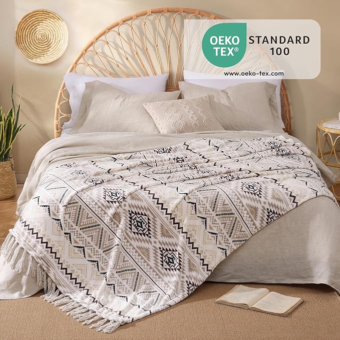 CASAAGUSTO Boho Throw Blanket - Beige and Gray Decorative Blankets with Tassel, Printed Flannel Bohemian Blanket for Chair, Bed, Sofa, Couch(60 * 80, Beige and Gray)