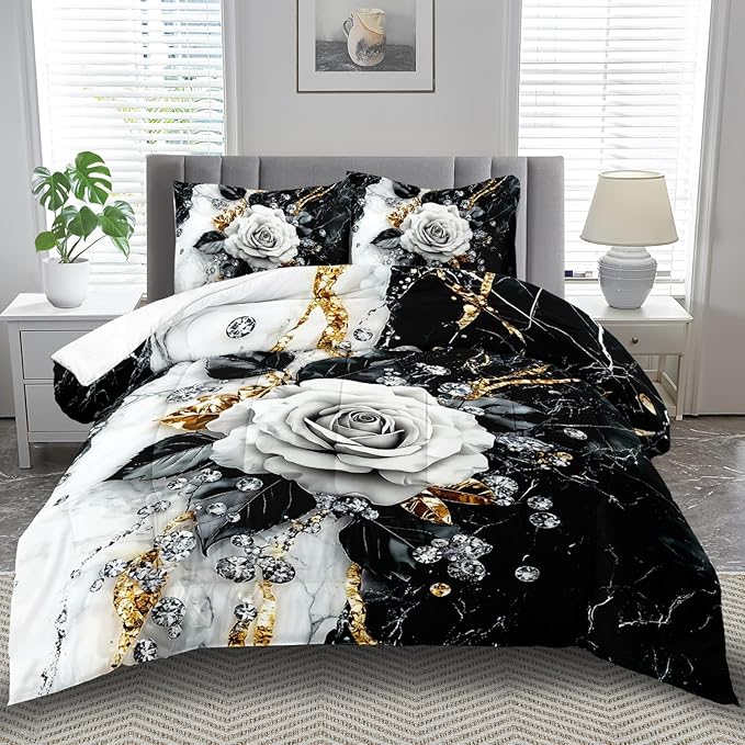 Marble Floral Comforter Set for Queen Bed Women,Vintage Flower Bedding Set Queen,White and Black Comforter Rose Quilt for Girls,Rose Bedding Floral Bedroom Decor Adults