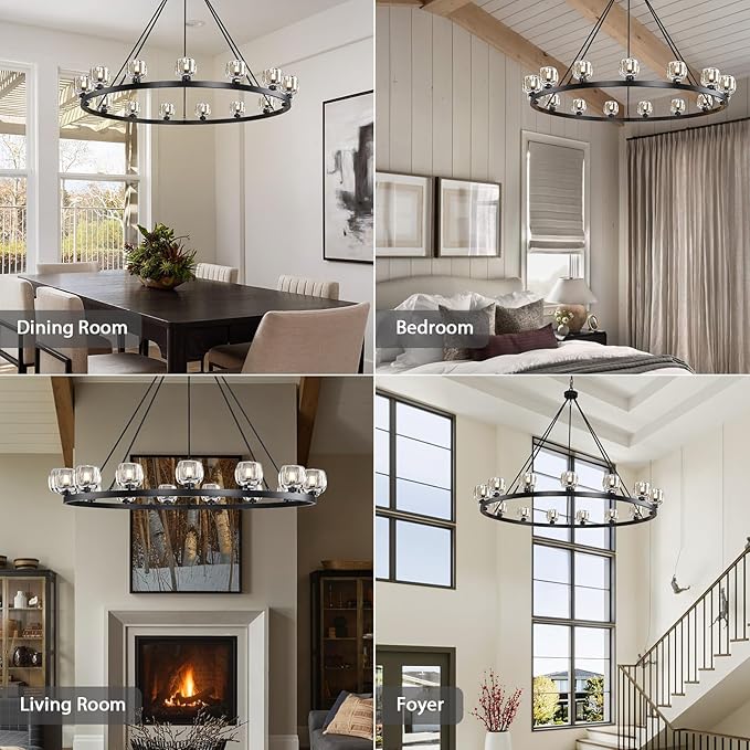 Black Wagon Wheel Chandelier, 59 Inch Black Chandeliers with Unique Glass Shade, 15-Light Crystal Large Wagon Wheel Chandeliers for Dining Room, High Ceiling Round Chandelier for Living Room, Foyer