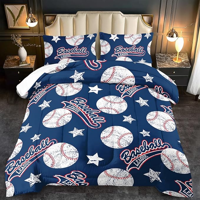 Baseball Comforter Set Queen,Sports Bedding Sets for Boys,Blue Sports Comforter Queen Bedroom Decor,Baseball Bedding Teen for All Seasons,Blue Quilt Kids Bedroom Decor