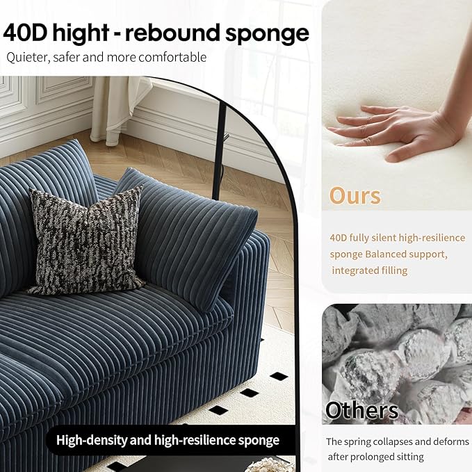 118" Cloud Couch Oversized Modular Sectional Sofa for Living Room,Modern Sofa with Deep Seat，V Shaped Boneless Couch,Comfy Upholstered Corduroy Couches for Apartment, Studio, Office,Bedroom，Blue