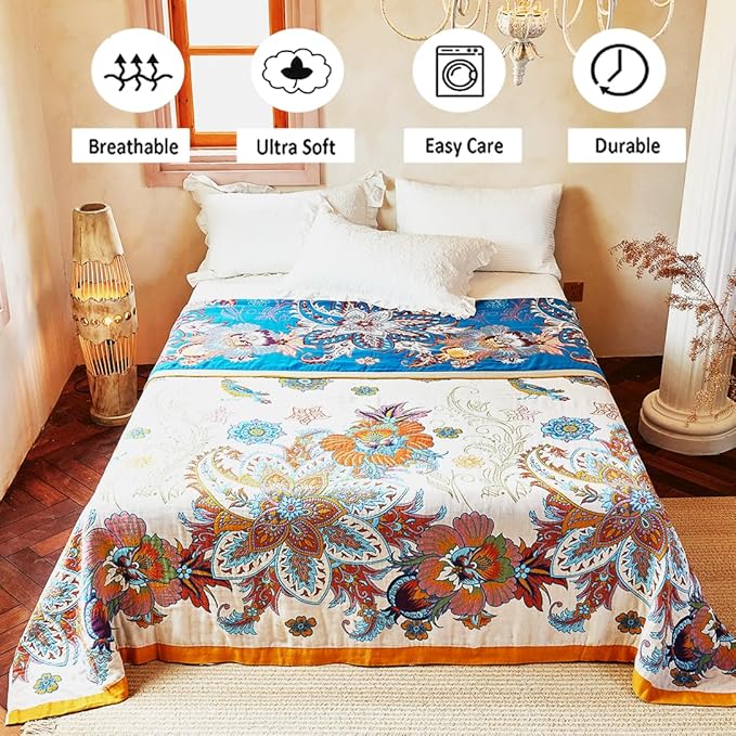 Boho Throw Blanket, 100% Organic Cotton Breathable Ultra Soft Bed Quilt Throw - All Season Floral Bird Butterfly Farmhouse Decor Blanket for Sofa Couch Chair and Gift. 50" x 60"