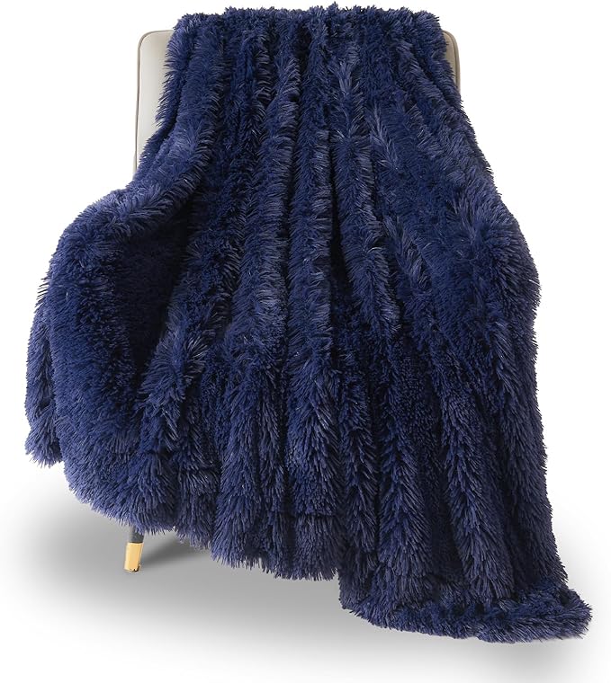 GONAAP Fuzzy Faux Fur Throw Blanket Twin Size Dark Navy Super Soft Cozy Plush Fuzzy Shaggy Blanket for Couch Sofa Bed (Dark Navy, Twin(60"x80"))