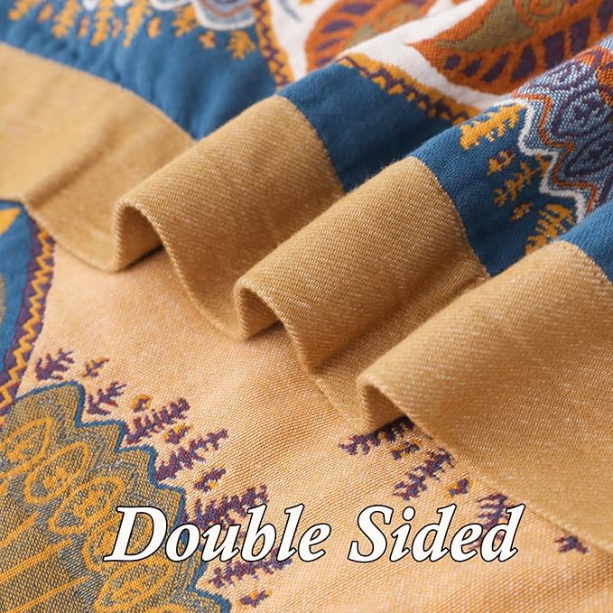 Snycler Boho Throw Blanket for Bed - 100% Cotton Ultra Soft Rustic Quilt Blanket Orange Green Printed Farmhouse Decor Bed Blankets, 80"×90" All Season Rustic Throw for Sofa Couch Chair