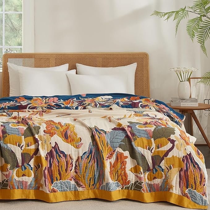 Boho Throw Blanket for Couch Sofa Bed, 100% Cotton Woven Quilt with Tassel 80”x90”, Super Soft Muslin Blanket with Floral Printed, Decorative Reversible Bed Blanket/Cover for All Seasons