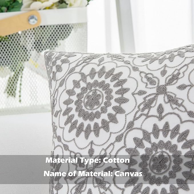 HWY 50 Gray Grey Decorative Throw Pillow Covers 18x18 Inch (1 Piece), Embroidered Cotton Farmhouse Cushion Cover Pillow Case for Sofa Couch Living Room Bed, Little Sunflower