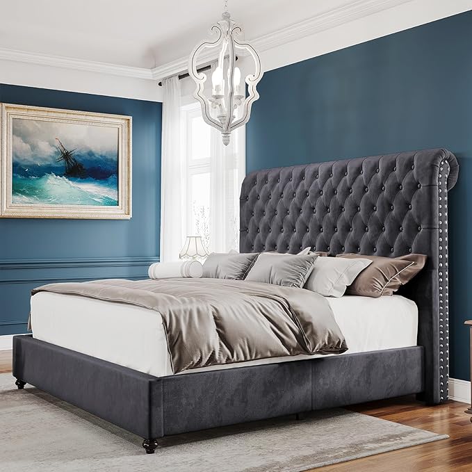 PaPaJet King Size Bed Frame and Headboard Upholstered Bed Frame King with 52.8” Tall Headboard/Dark Grey
