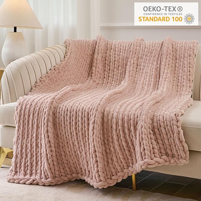Esterra Chunky Knit Throw Blanket Newly Upgraded Heavy Tighter Version, Handmade Chenille Throw Super Soft, Thick Yarn Cable Knit Crochet Throw Blanket for Couch Bed Sofa, 50" x60, Coral Pink