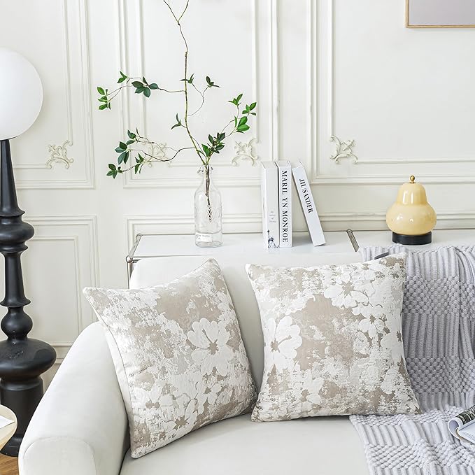 Jacquard Throw Pillow Covers 18x18 Inch Set of 2 - Vintage Floral Boho Pillow Cases with Botanical Pattern | Farmhouse Decor for Couch | Soft Textured Neutral Trio Light Khaki Warm Beige 18" x 18"