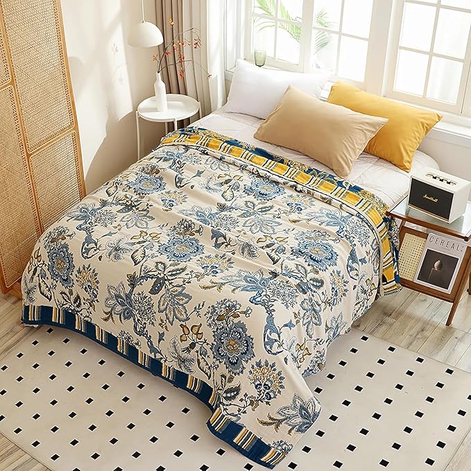 Snycler Boho Throw Blanket for Bed - 100% Cotton Ultra Soft Rustic Quilt - White Blue Floral Printed Farmhouse Decor Bed Blankets, 80"×90" All Season Rustic Throw for Sofa Couch Chair