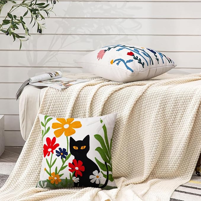 Merrycolor Embroidered Pillow Covers 18x18 Black Cat and Flower Pattern Halloween Decorative Throw Pillow Covers Comfortable Cotton Canvas Square Couch Cushion Cases for Sofa Bed Living Room Decor