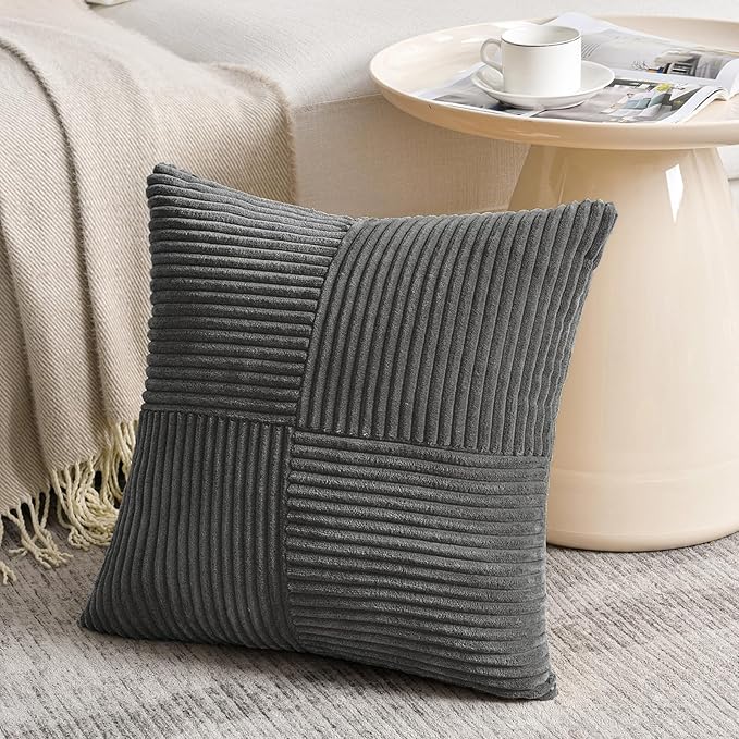 Fancy Homi 2 Packs Dark Gray Decorative Throw Pillow Covers 18x18 Inch for Living Room Couch Sofa, Rustic Farmhouse Boho Home Decor, Soft Corss Corduroy Patchwork Textured Square Cushion Case 45x45 cm
