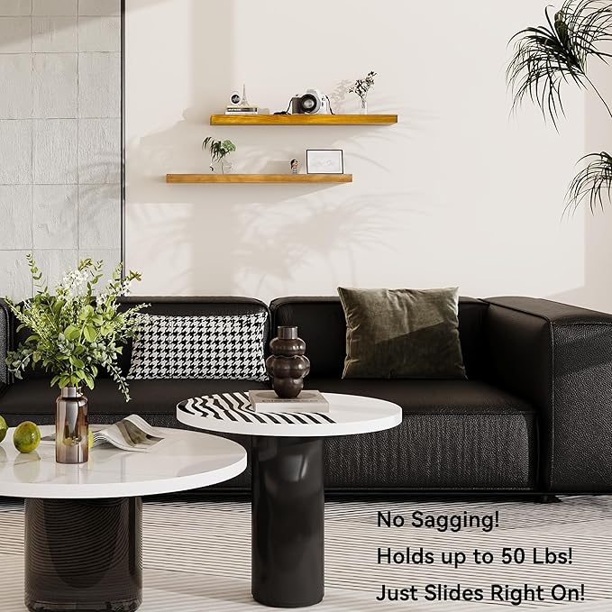 BGMG Wood Floating Shelves for Wall 36 inch Set of 2,Rustic Wooden Wall Mount Shelves for Bathroom Living Room Bedroom Kitchen Farmhouse-36x 6.7 x1.25 inch- Gold Oak