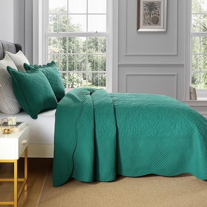 MarCielo 3-Piece 100% Cotton Oversized Bedspread Lightweight Quilt Coverlet Embroidery Farmhouse Bedding Set T0 (Emerald, Oversized King (118"x106"))