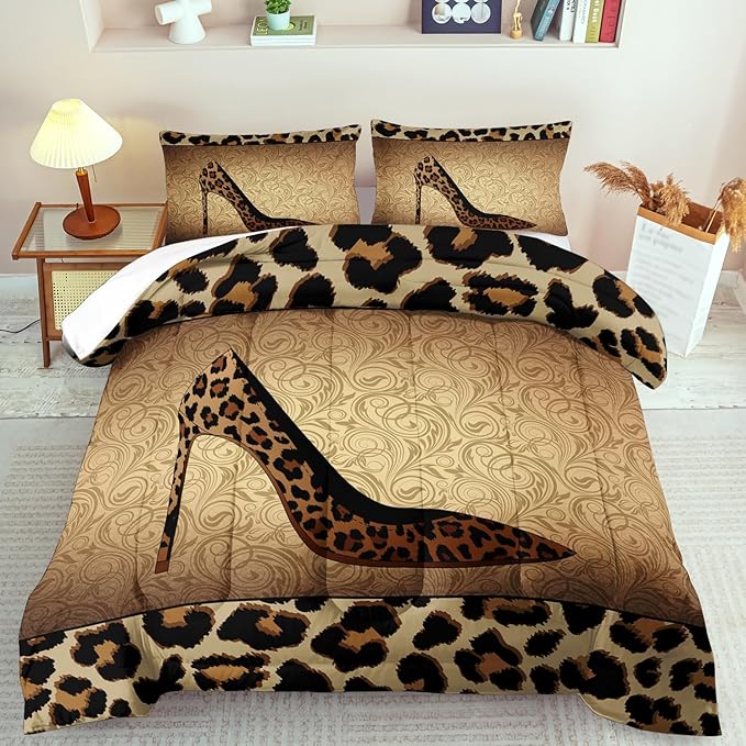 Leopard Comforter Set Full Girls,Sexy High Heel Comforter for Women,Leopard Print Bedding Set Full Adult,High Heel Quilt Bedroom Decor,African Animal Print Bedding Quilt