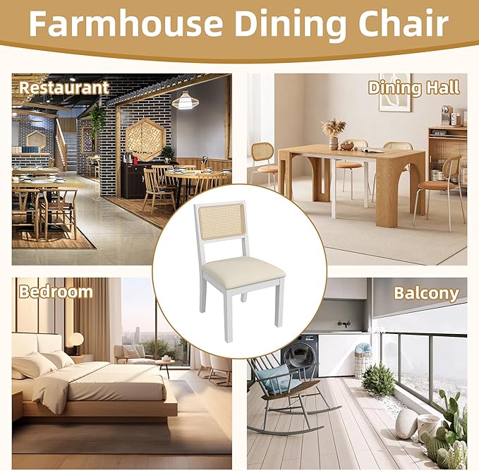 Westice Rattan Dining Chairs Set of 4, Farmhouse Natural Dining Room Chairs with Upholstered Cushion, Wood Armless Chairs for Kitchen/Restaurant, White