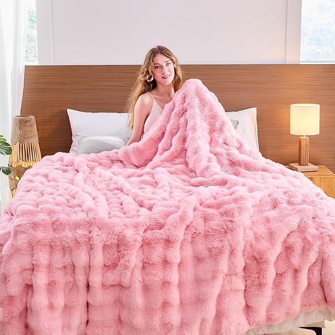 Lotus Karen Faux Fur Throw Blanket Pink - Big Bubble Rabbit Fluff Blanket for Couch, Large Fluffy Fuzzy Cozy Blanket,Thick Furry Plush Shaggy Blankets,108x90 Inches