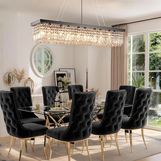 Rectangular Black Crystal Chandelier,10 Light Crystal Chandeliers for Dining Room, Rectangle Light Fixture for Kitchen Island L47''xW10''x H10''