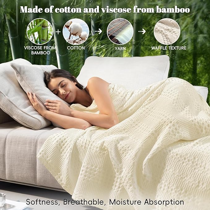 PHF Cooling Waffle Blanket Queen Size, Lightweight 60% Rayon Derived from Bamboo & 40% Cotton Breathable Blanket for Hot Sleepers, Soft and Luxury for Bed Couch and Sofa, 90"x90", Ivory
