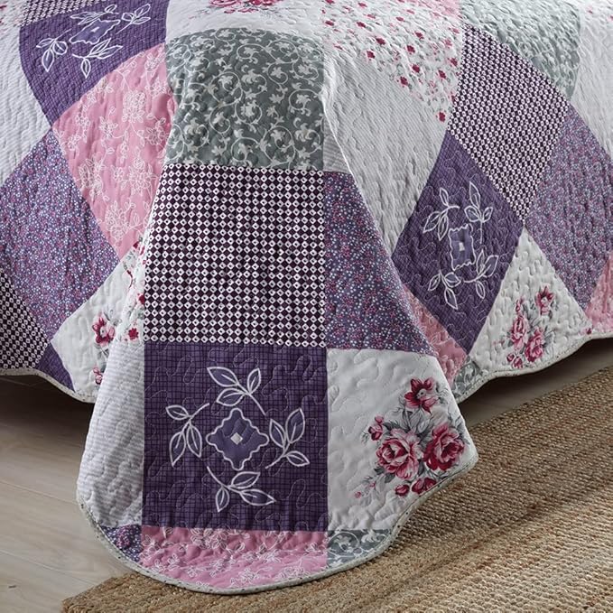 NEWLAKE Quilt Bedspread Sets-Floral Checkered Pattern Reversible Coverlet Set,King Size