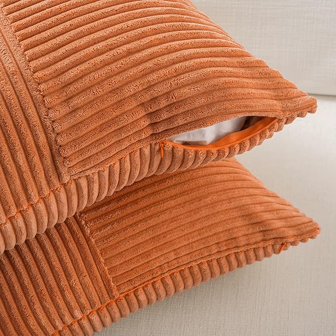 Fancy Homi 2 Packs Orange Euro Decorative Throw Pillow Covers 26x26 Inch for Living Room Couch Bed, Farmhouse Boho Home Decor, Soft Corss Corduroy Patchwork Textured Square Cushion Case 66x66 cm