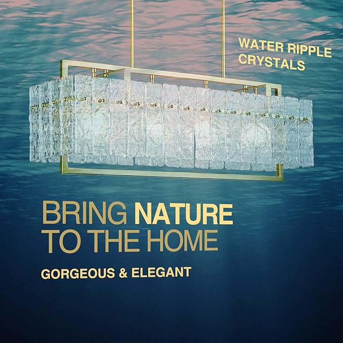 IKK Modern Gold Rectangle Chandeliers for Dining Room, Crystal Water Ripple Light Fixture, Elegant Farmhouse Linear Lighting for Kitchen Island, Bar Table, L33 x W9 x H12