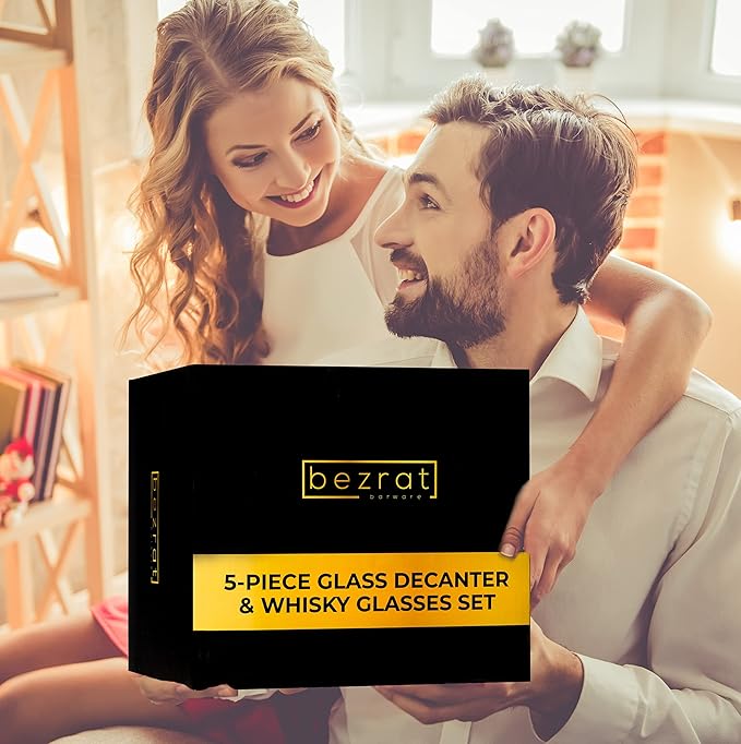 Whiskey Decanter Glasses Gift Set - 4 Whiskey Glasses - Airtight Stopper for Wine, Bourbon, Brandy, Juice, Water - Decanter Sets For Men Christmas Gifts for Dad Boyfriend Husband Him - Bezrat