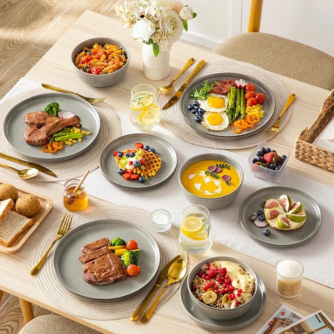 vancasso ANYA 18 Pieces Plates and Bowls Set, Stone Grey Dinnerware Sets, Reactive Glaze Dishes Set for 6, Ceramic Dishware Sets Kitchen Dinner Set, Microwave & Dishwasher Safe